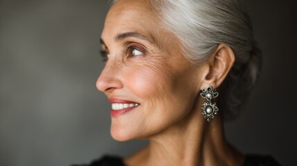 Elegant senior woman with stylish earrings showcasing graceful beauty and timeless charm, captured in close-up portrait against soft background