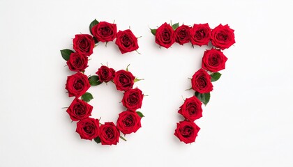 Number 67 made out of red roses with white background. Photo for birthday or anniversary party