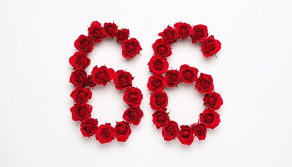Obraz premium Number 66 made out of red roses with white background. Photo for birthday or anniversary party