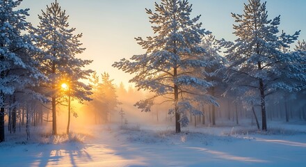 Snow covered pine trees in a misty forest with sunlight shining through