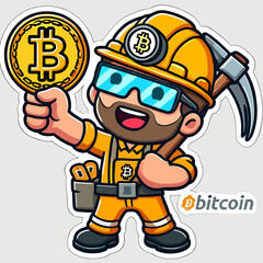 Guy Mines Bitcoin Logo Sticker Style on White Background – Cryptocurrency Miner Icon, BTC Mining Emblem, Digital Currency Vector Art for Crypto Enthusiasts and Blockchain Fans