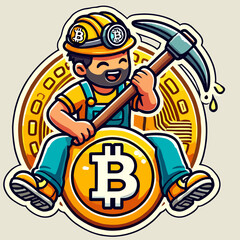 Guy Mines Bitcoin Logo Sticker Style on White Background – Cryptocurrency Miner Icon, BTC Mining Emblem, Digital Currency Vector Art for Crypto Enthusiasts and Blockchain Fans