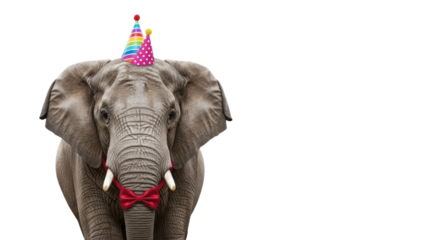 Elephant wearing party hat and bow tie isolated PNG with Transparent Background