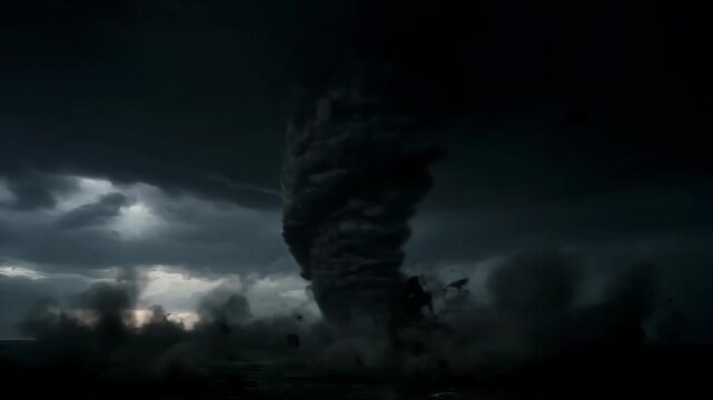 Tornado storm chasing with lightning strike and dark clouds weather disaster footage video clip on transparent background