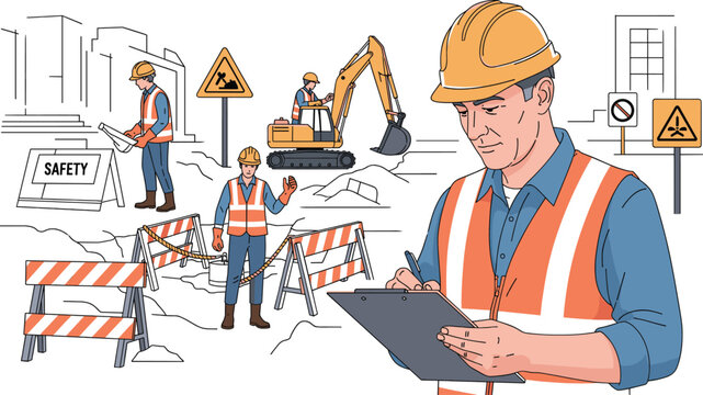 Construction site safety illustration with workers, protective gear, safety signs, teamwork, inspection, blueprint planning, excavator operation, and workplace hazard prevention