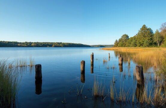 Calm blue lake water reflects clear sky with distant green forest line. Old wooden posts stand in shallow water with reeds. Golden grass grows on the lake shore.