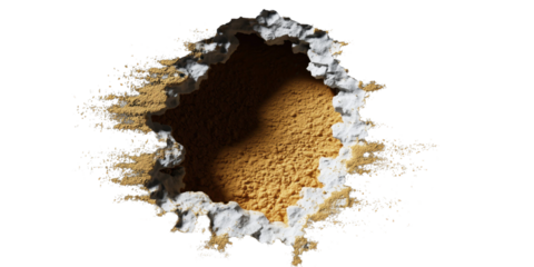 Breaching the Wall: A close-up shot of a breached wall revealing the textured surface beneath, creating a stark contrast between structure and exposure. 