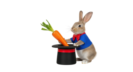 Rabbit in a blue shirt pulls carrot from a magician's hat isolated PNG with Transparent Background