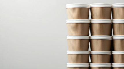 Stack of disposable coffee cups against a plain background. Perfect for illustrating themes of sustainability, coffee culture, convenience, or environmental awareness.