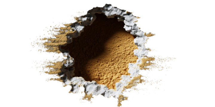 Breaching the Wall: A close-up shot of a breached wall revealing the textured surface beneath, creating a stark contrast between structure and exposure. 