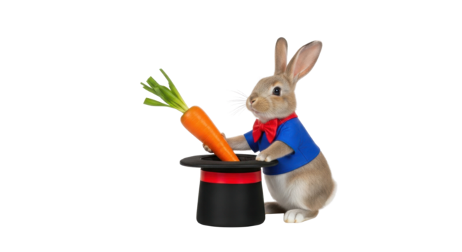 Rabbit in a blue shirt pulls carrot from a magician's hat isolated PNG with Transparent Background - Powered by Adobe