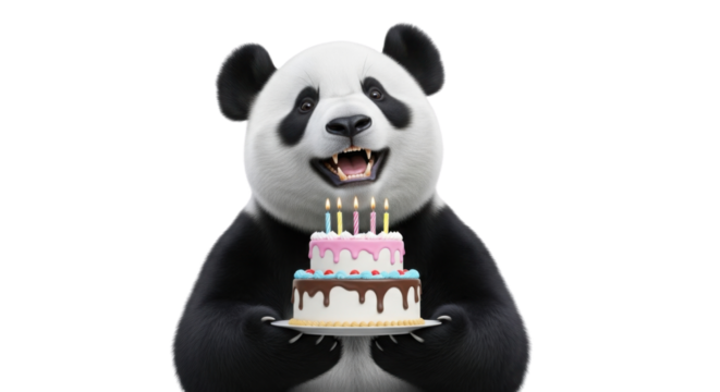 Panda holding a birthday cake with candles isolated PNG with Transparent Background - Powered by Adobe