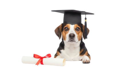 Beagle dog wearing graduation cap with diploma isolated PNG with Transparent Background