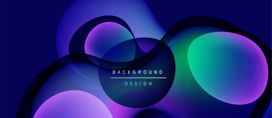 Abstract fluid shapes overlap, creating vibrant purple, blue, teal gradients. Dark background emphasizes colorful design elements. Modern aesthetic.