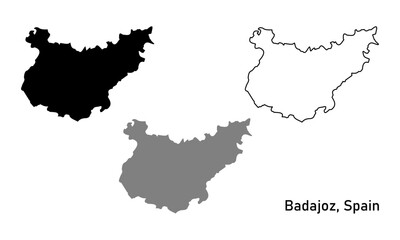 Map of Badajoz a province in Spain. Map with various styles of outlines, black and gray.