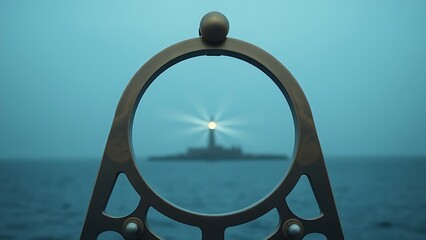 sextant. The brass arc of a sextant aligned with a distant lighthouse beam in blue tones. STEM education sheets, lab safety posters, designed for biotech research communications.