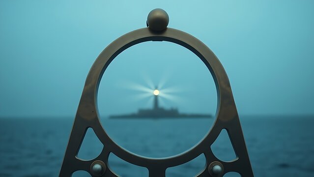 sextant. The brass arc of a sextant aligned with a distant lighthouse beam in blue tones. STEM education sheets, lab safety posters, designed for biotech research communications.