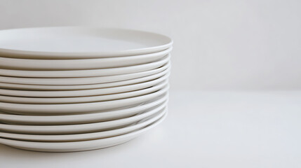 Obraz premium Elegant stack of white ceramic plates, each one perfectly aligned, showcasing minimalist design and emphasizing order and symmetry against a bright white background.