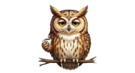Tired owl sitting on a branch and drinking coffee isolated PNG with Transparent Background
