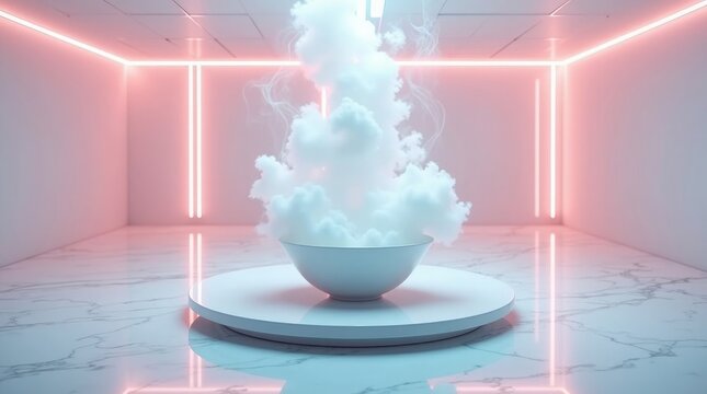 White cloud erupting from bowl in neon lit room smoke pink neon lights
