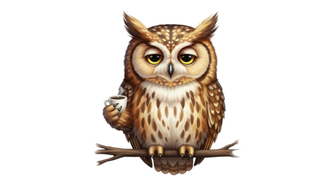 Tired owl sitting on a branch and drinking coffee isolated PNG with Transparent Background