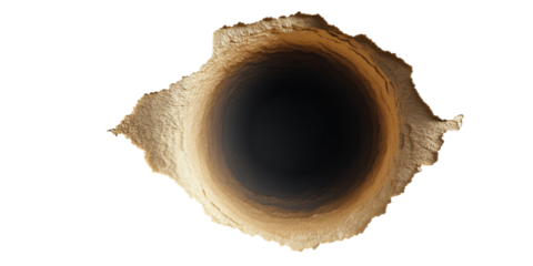 A Curious Descent into the Unknown: A captivating close-up of a circular hole, revealing a mysterious deep abyss within. Its rugged edges add to its intriguing appeal.