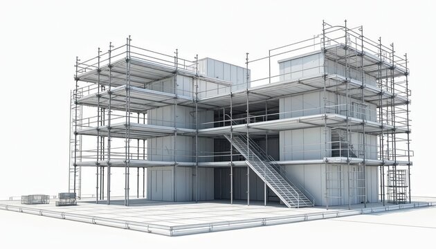 3D illustration of modern building structure currently under construction. Extensive scaffolding surrounds unfinished framework on dedicated building site. Architectural project represents urban