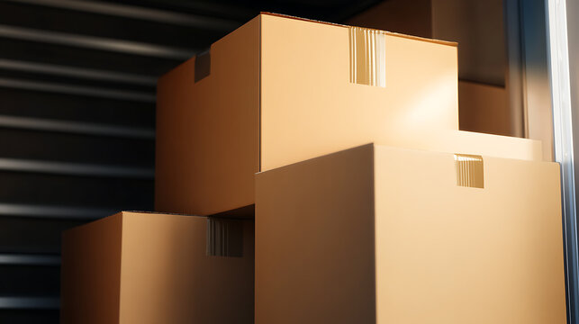 Boxes stacked in a self-storage unit, ready for moving or long-term storage solutions. Securely packed items await their next destination. Organization and relocation.