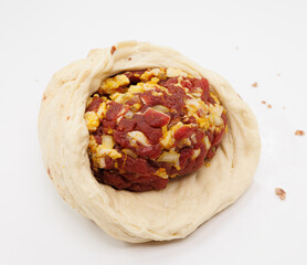 Raw Meatball On Round Dough Ready For Cooking Georgian Kubdari Khachapuri