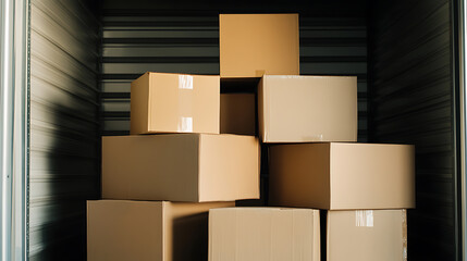 Stacked cardboard boxes in a storage unit. Moving and relocation services, storage solutions, package delivery, shipment. Organization, and decluttering.