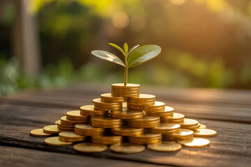 Plant growing from stacked gold coins symbolizing financial growth