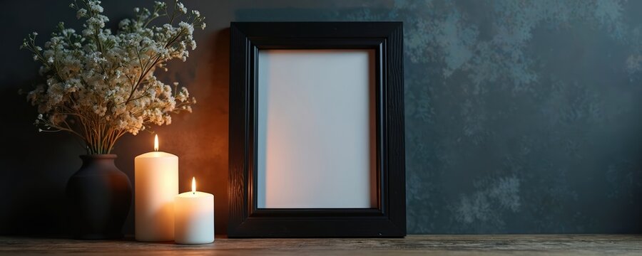 Black funeral frame with white flowers and lit candles. Empty space for obituary photo, text, or memorial tribute. Dark moody background sets tone for remembrance. - Powered by Adobe