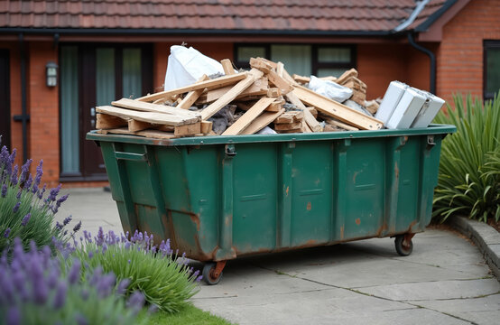 Large green skip bin overflows with timber planks, general household trash, construction debris. Sits on suburban paved driveway in front of brick residential house. Shows home renovation cleanup