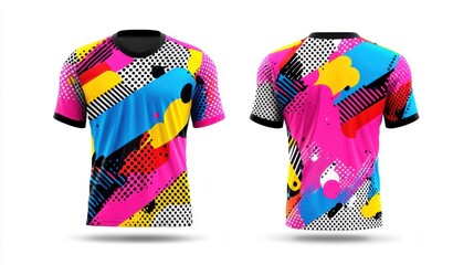 sports jersey, featuring bright comic-book style patterns, exaggerated halftone dots, and explosive color contrasts