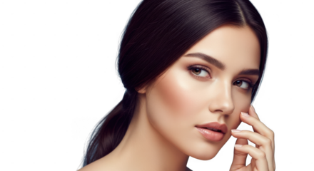 Beautiful young woman with flawless skin and natural makeup, touching face, isolated on transparent background