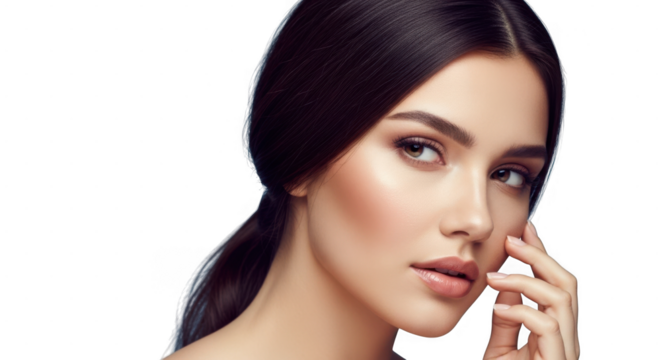 Beautiful young woman with flawless skin and natural makeup, touching face, isolated on transparent background