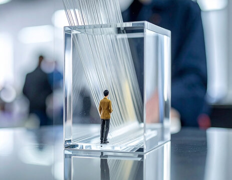Miniature figure in a transparent acrylic cube with descending light beams
