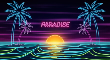 Neon paradise sunset with palm trees and ocean waves