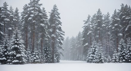 Snowy evergreen forest scene with snow covered trees and open snowy ground