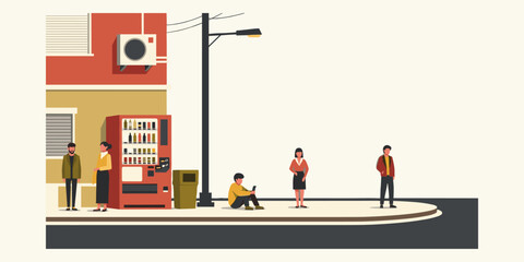 A modern vector illustration depicting diverse people waiting and social distancing on an urban city street corner sidewalk