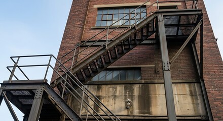 Fototapeta premium Exterior view of a brick building with a metal fire escape.