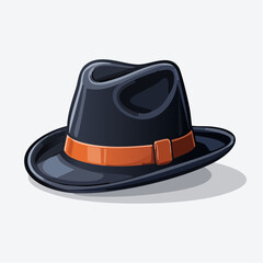 Stylish black fedora hat with orange band isolated on white background