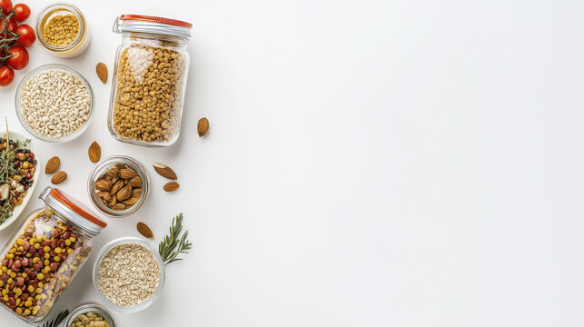 Eco friendly food storage with jars filled with grains, nuts, and seeds, surrounded by fresh tomatoes and herbs
