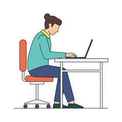 A person sitting at a desk and typing on a laptop computer, vector illustration