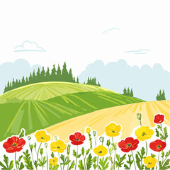 Stylized field landscape with colorful flowers and rolling hills illustration