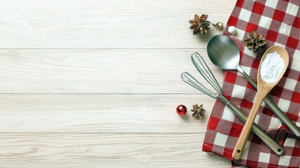 A collection of baking tools, spices, and festive decorations are neatly arranged on a light-colored wooden table, creating a charming scene for holiday baking