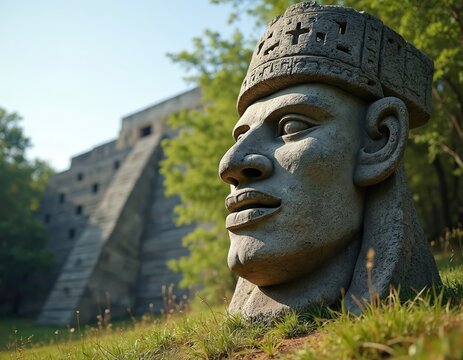 Stone Olmec head sculpture in jungle setting near pyramid. Ancient Mexican artifact, pre-Columbian art and culture. Carved monument, historic archaeological site.