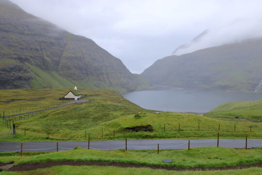 church near the Saksun Heritage Farm with grass roofs, Streymoy, Faroe Islands, Denmark