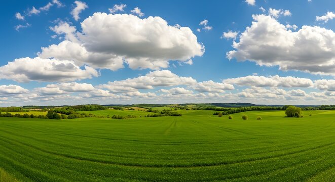 Expansive panoramic view of rolling green fields under a beautiful blue sky.