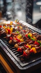 Naklejka premium smoky grilled skewers with colorful vegetables, BBQ food photography